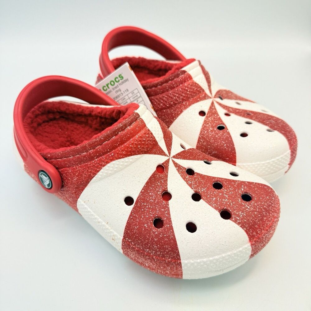 Crocs Candy Cane Lined Clogs Size M4 W6 J4 Holiday Christmas Red White Swirl NWT - Picture 6 of 7